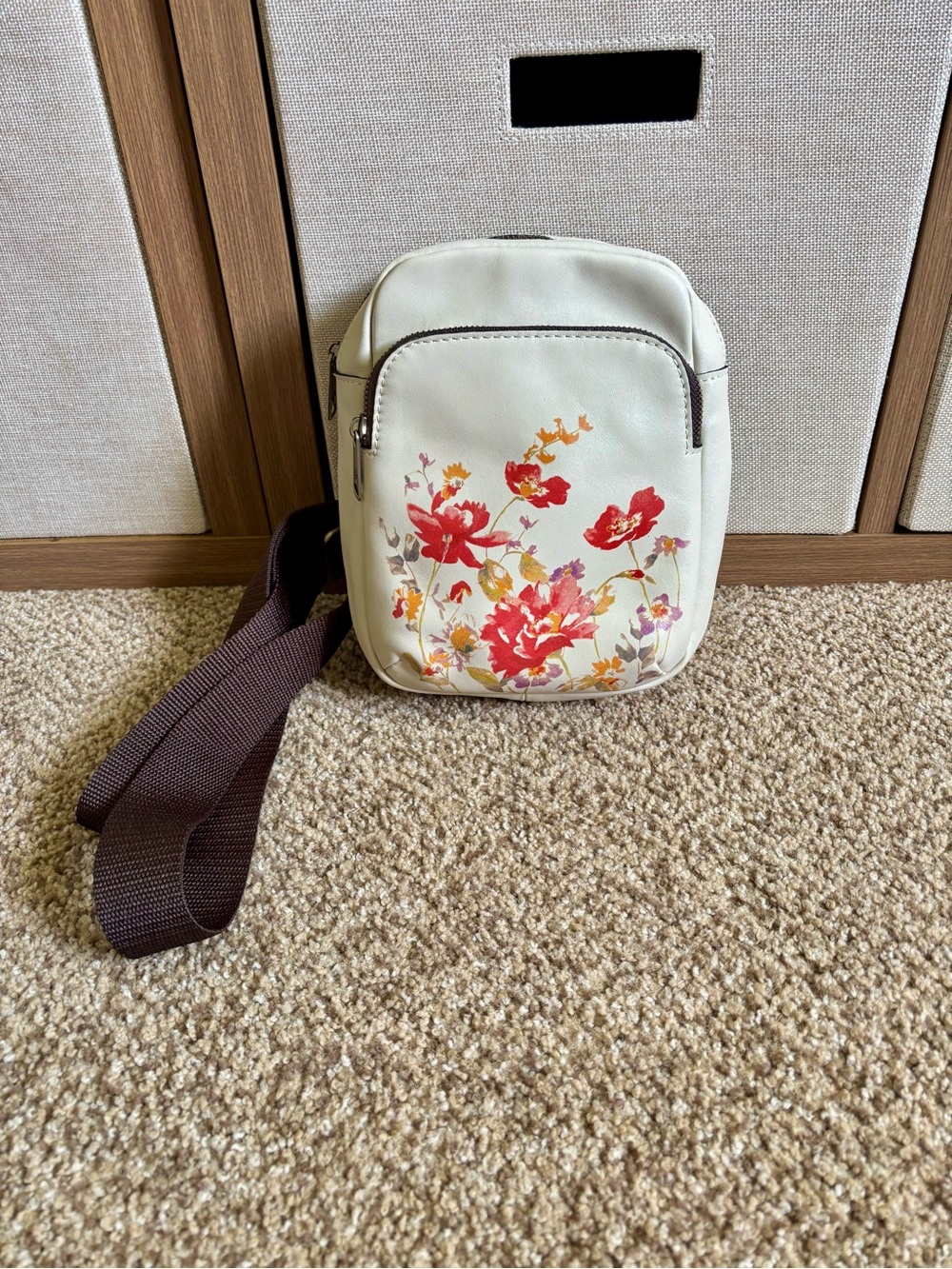 Patricia Nash Cream Crossbody Leather Sling Bag Floral Print and Brown Strap